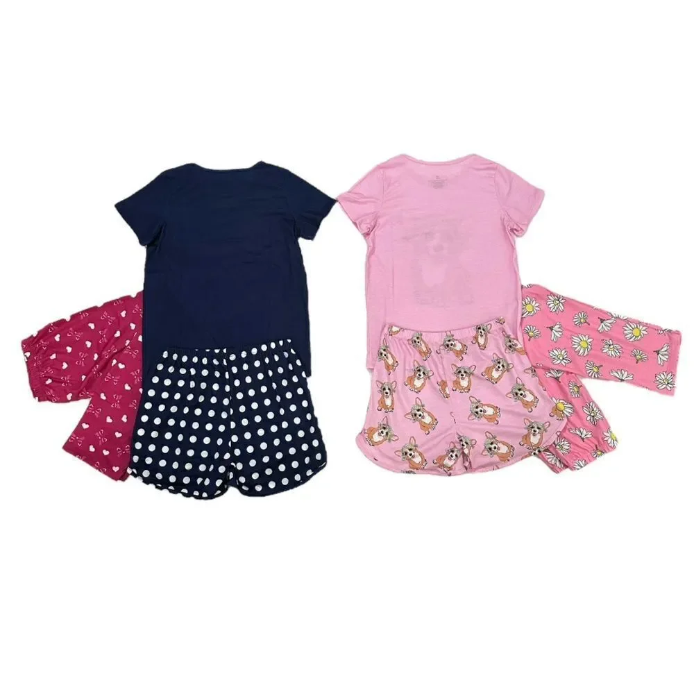 Girls Pajamas 2 Sets Corgi Dog and Slant Eye Cat Heart 6 Pieces Total Size 8/9